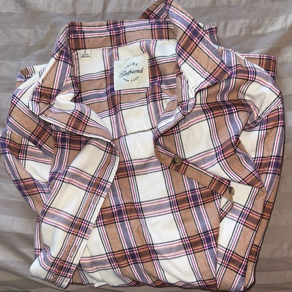 JACHS Girlfriend Tops - Jachs Girlfriend Tan & Purple Plaid Flannel Button Down